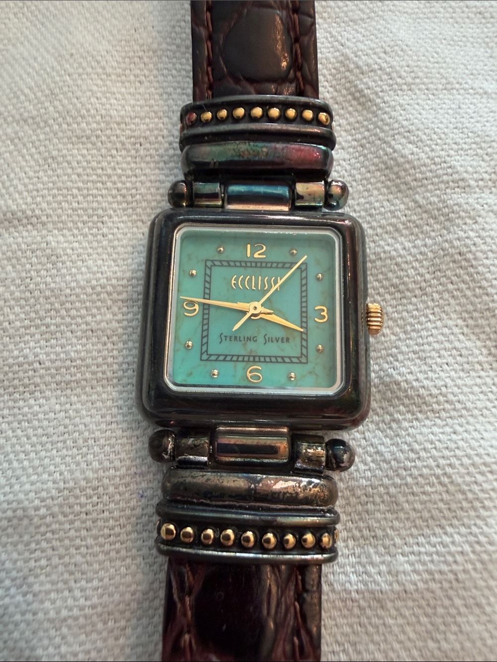 Ecclissi Vintage Sterling Silver Watch Turquoise Dial Brown Leather Strap womens